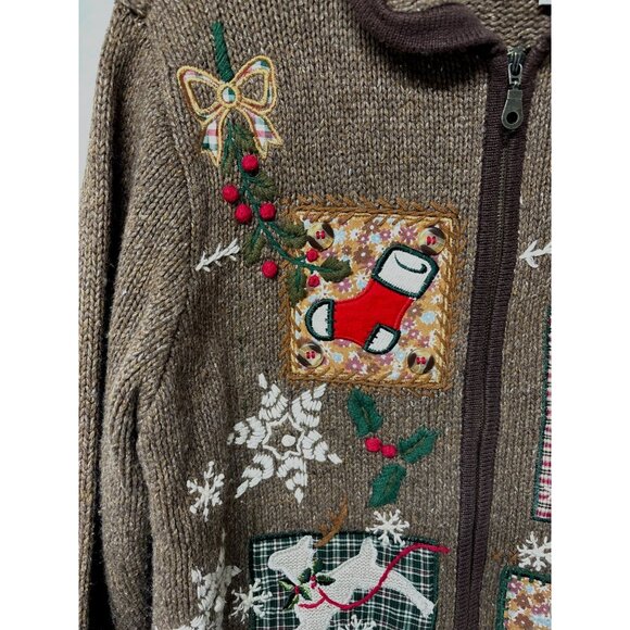 Vintage Holiday Cardigan Sweater With Festive Embroidery Ugly Sweater Christmas - Picture 4 of 10